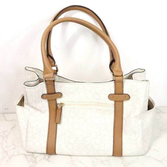Calvin Klein Hudson White Signature Monogram Logo Pebbled Satchel Handbag Purse - Picture 5 of 9